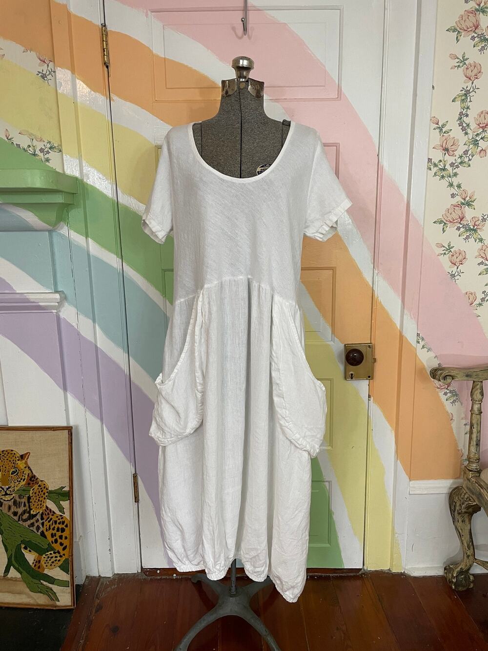 Tina Stephens Made In Italy Linen Lagenlook loose Pocket Midi Dress One Size